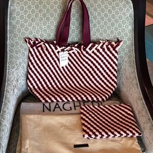NWT Naghedi Havana Medium Crumson and Cream Woven Tote Bag